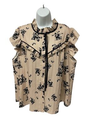 Beige Floral Ruffle Button-Front Top with Black Trim Quilted sleeveless plus siz